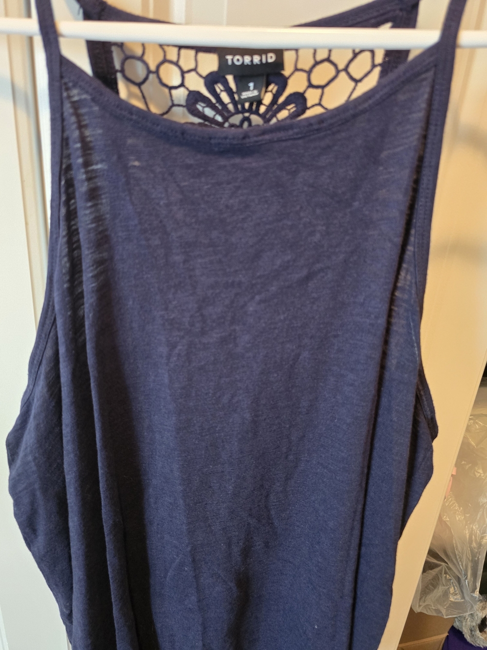 torrid navy racerback tank with crochet detail